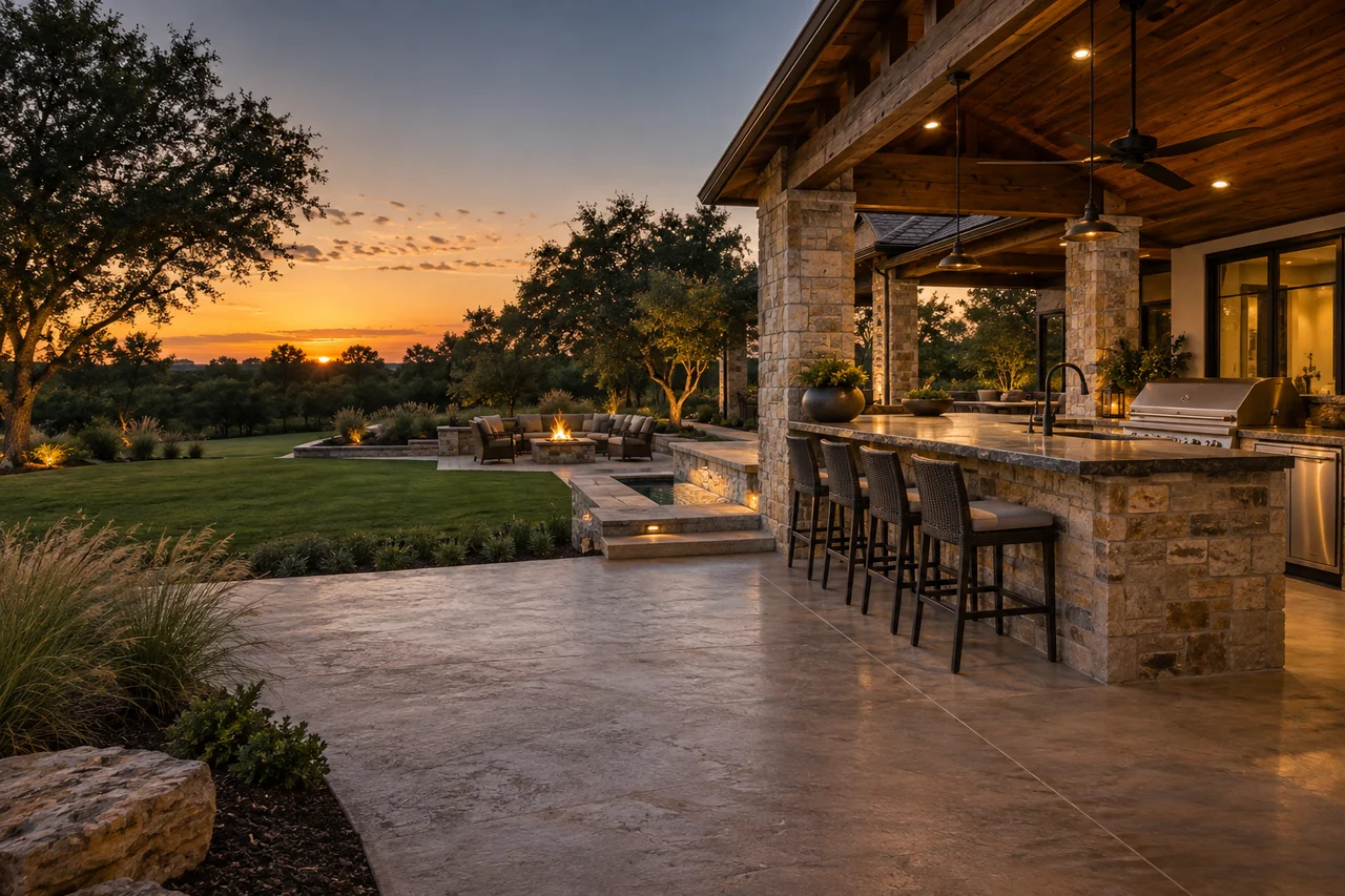 Illustrative view of a stone outdoor kitchen and patio at sunset in North Texas