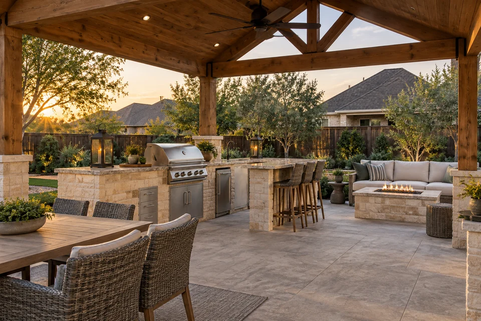 Illustrative view of a covered stone outdoor kitchen and patio in North Texas