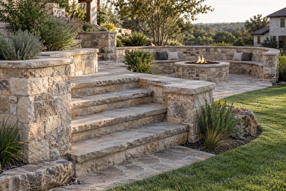 Illustrative view of natural-stone steps, seating walls, and a fire pit in North Texas